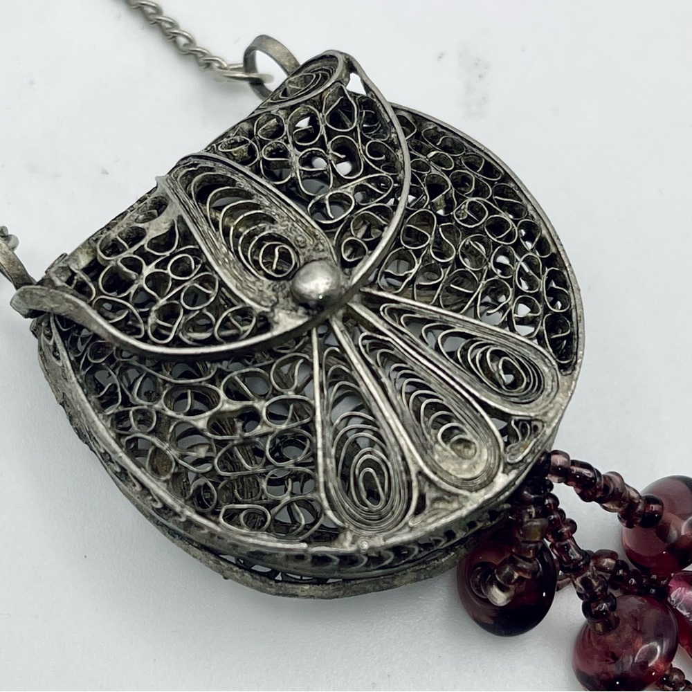 Antique Silver Filigree Purse Pendant Necklace With Amethyst Accents - Picture 10 of 15